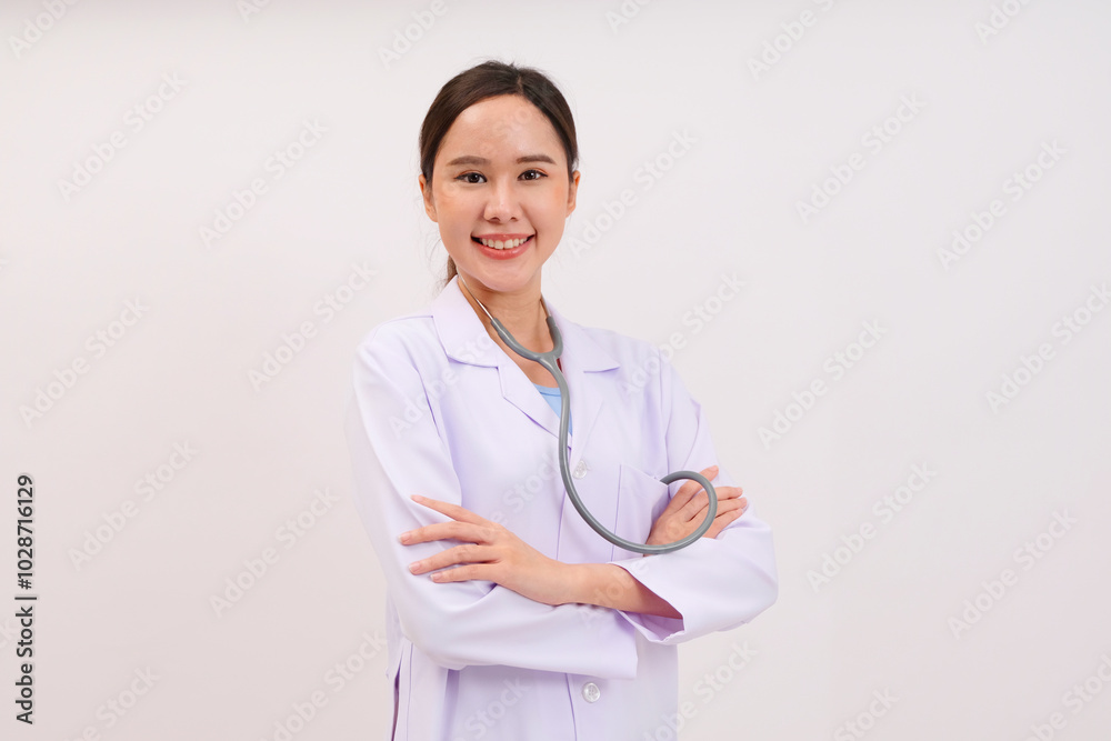Asian female doctor smiling on white background. Asian female doctor smiling on white background.