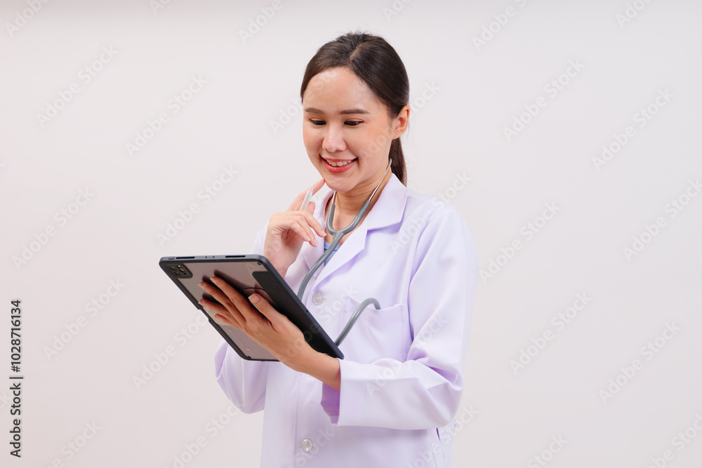 Smiling female doctor holding tablet on white background. Smiling female doctor holding tablet on white background.