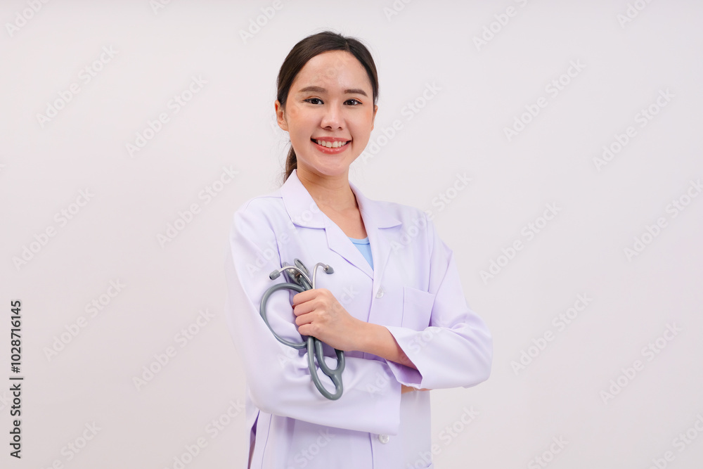 Asian female doctor standing smiling holding her stethoscope on a white background. Medical concept. Asian female doctor standing smiling holding her stethoscope on a white background. Medical concept.