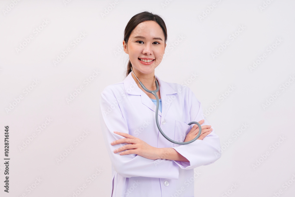 Asian female doctor smiling on white background. Asian female doctor smiling on white background.