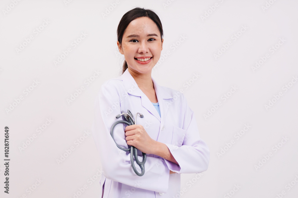 Asian female doctor standing smiling holding her stethoscope on a white background. Medical concept. Asian female doctor standing smiling holding her stethoscope on a white background. Medical concept.