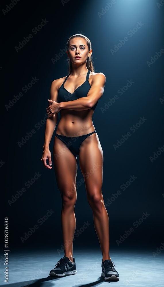 Confident fitness model posing in athletic attire under spotlight Confident fitness model posing in athletic attire under spotlight