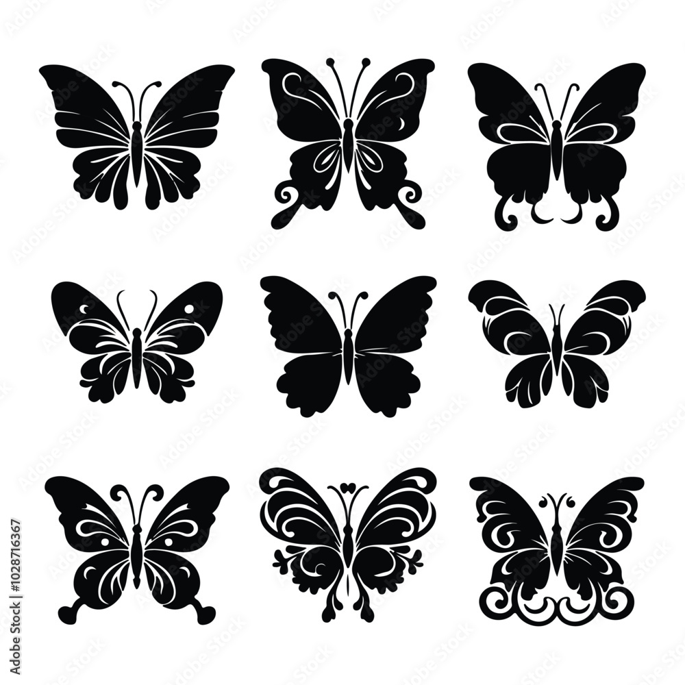 create a sillhouette butterfly victor set icon on white background create a sillhouette butterfly victor set icon on white background