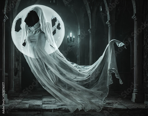  a woman in a white dress is holding a white cloth in front of a large white ball in a dark room photo