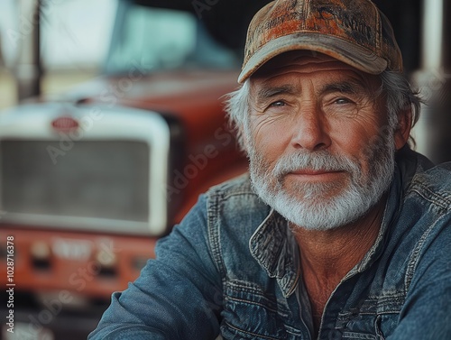 two truckers sharing stories on a bench, with a blurred truck in the background, capturing the camaraderie and stories of life on the road in a rustic, outdoor setting