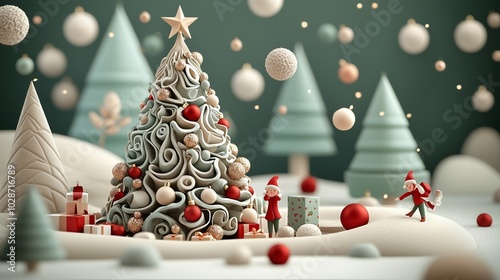 Whimsical Christmas scene with a decorated tree, gifts, and playful figures in a snowy landscape.