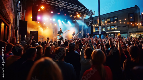 Lively outdoor concert with band performing on stage and audience cheering under evening lights