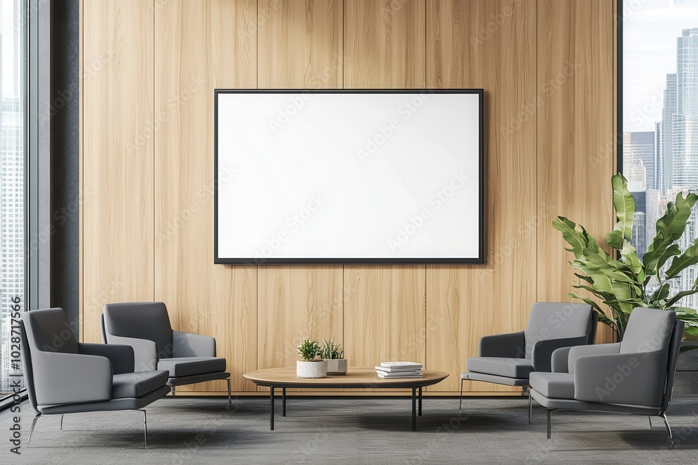 A sleek office lounge with chairs, a table, plants, and a blank framed canvas on a wooden wall. A sleek office lounge with chairs, a table, plants, and a blank framed canvas on a wooden wall.