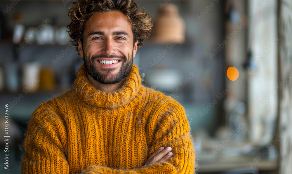 Fototapeta premium Confident Handsome Man with Curly Hair Smiling Brightly in Mustard Sweater Standing with Folded Arms in Cozy Interior Background