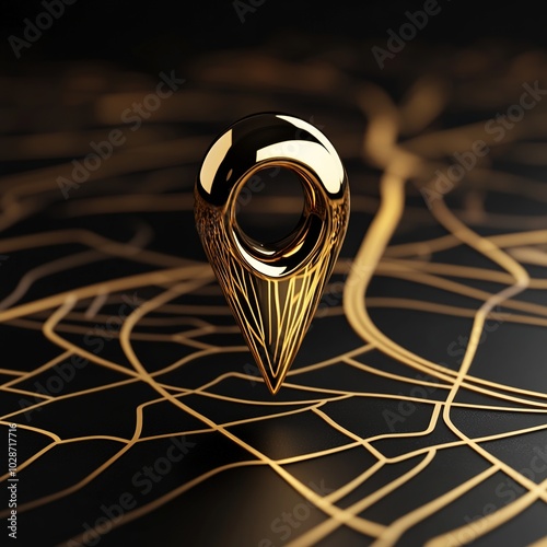 3D glossy gold map location pointer, in empty background