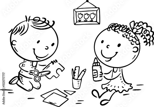 Black and white illustration of cartoon two kindergarten children crafting together. Preschooler kids doing common activity, communication and cooperation outline clipart, coloring page