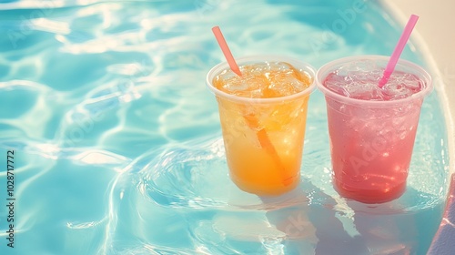 Two Colorful Drinks in Plastic Cups with Straws Sitting by the Pool 