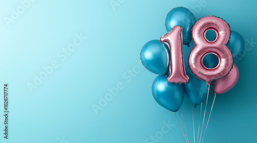Pink foil balloon in the shape of the number 18 with pink and blue balloons on a blue background, ideal for birthday parties, celebrations, and festive designs