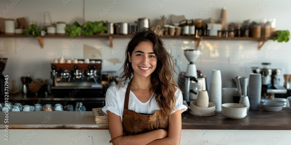 Smiling barista young woman working in cafe shop, looking at camera. Startup successful small business owner. SME Smiling barista young woman working in cafe shop, looking at camera. Startup successful small business owner. SME