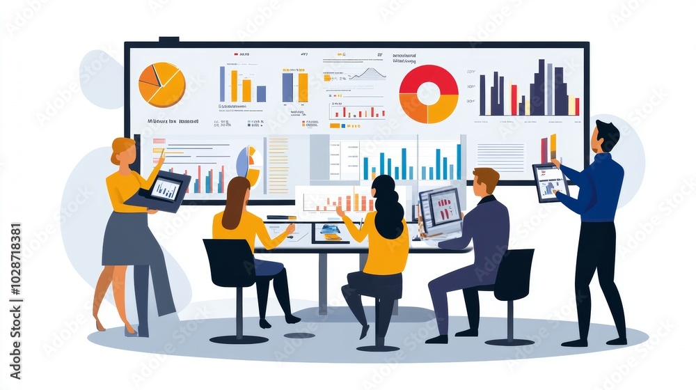 Vector illustration of office people: Managing digital campaigns and analyzing key market trends Vector illustration of office people: Managing digital campaigns and analyzing key market trends