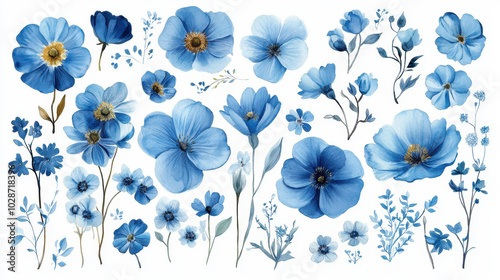 Various blue flower stickers on a white background, in the watercolor style.