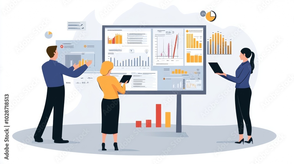 Vector illustration of office people: Managing digital campaigns and analyzing key market trends Vector illustration of office people: Managing digital campaigns and analyzing key market trends