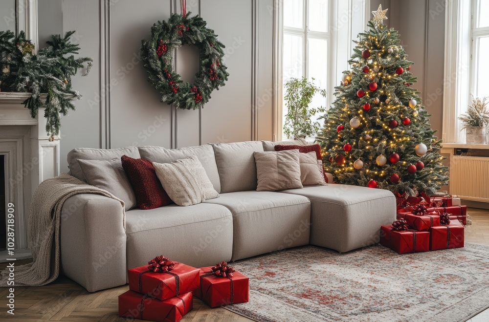 A cozy living room adorned with Christmas decor including a fully lit Christmas tree, ornaments, and neatly wrapped gifts A cozy living room adorned with Christmas decor including a fully lit Christmas tree, ornaments, and neatly wrapped gifts