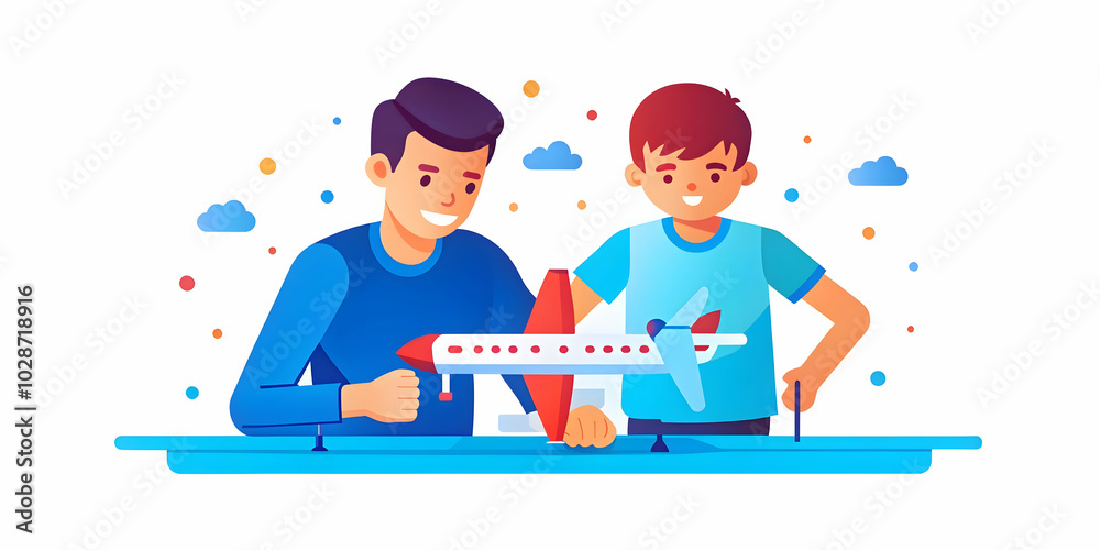 Father and Son Building Model Airplane Together in Glossy Background with Copy Space for Promotional Content - Dynamic Photo Stock Concept Father and Son Building Model Airplane Together in Glossy Background with Copy Space for Promotional Content - Dynamic Photo Stock Concept