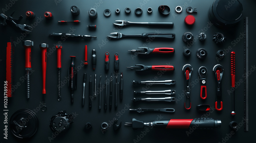 A flat lay of essential car repair tools and parts, such as sockets, pliers, and gears, set against a dark backdrop with dramatic lighting, showcasing the precision of mechanical w A flat lay of essential car repair tools and parts, such as sockets, pliers, and gears, set against a dark backdrop with dramatic lighting, showcasing the precision of mechanical w