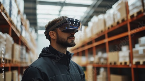 A logistics expert using real-time warehouse visualization through AR, modern tech environment, seamless package tracking