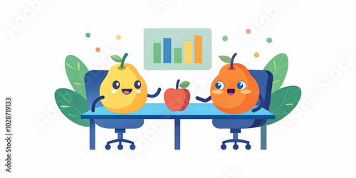 Cheerful Cartoon Fruits Team Meeting Concept: Two Happy Fruits Discuss Financial Charts at a Modern Conference Table - Soft Abstract Background, Gentle Camera Panning for Engaging Conceptual Stock Pho