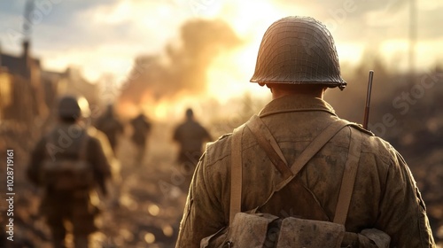 Soldier standing, looking at battlefield during sunset. Setting scene.