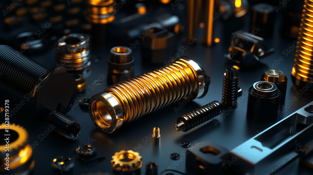 Assorted shiny car components like exhaust pipes, gears, and bolts displayed with mechanical tools on a dark, matte background, reflecting the technical art of auto repair. Assorted shiny car components like exhaust pipes, gears, and bolts displayed with mechanical tools on a dark, matte background, reflecting the technical art of auto repair.