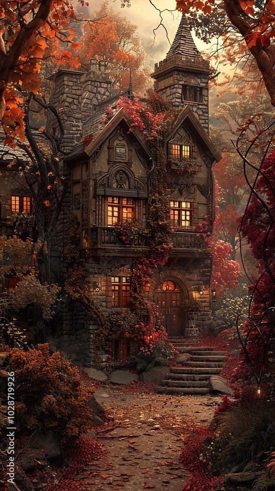 Fototapeta premium Enchanted Stone House in Autumn Forest
