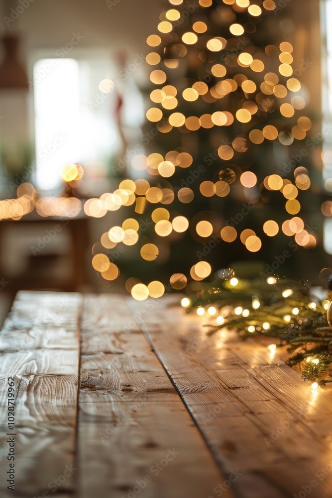 Rustic Wooden Table with Christmas Tree Lights and Garland