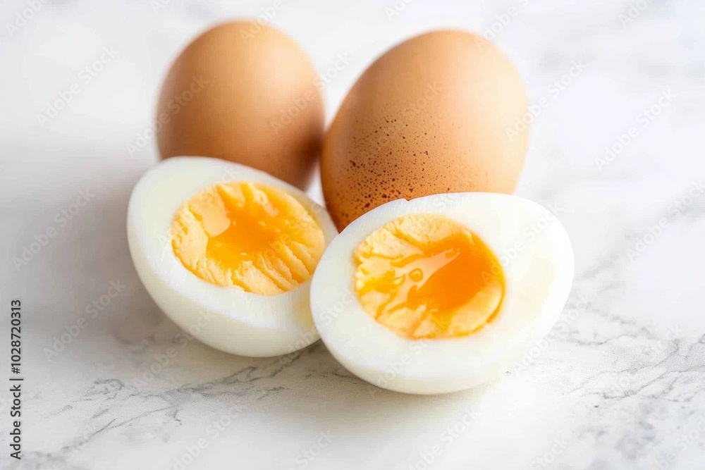 Raw eggs and boiled egg that cut into half on a clean table Raw eggs and boiled egg that cut into half on a clean table