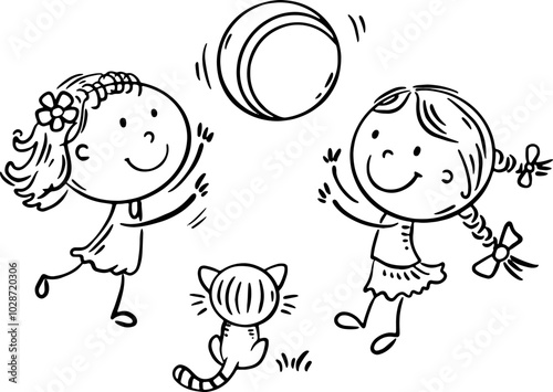 Happy two cartoon girls playing ball. Kids communication and common outdoor activities, cooperation outline clipart