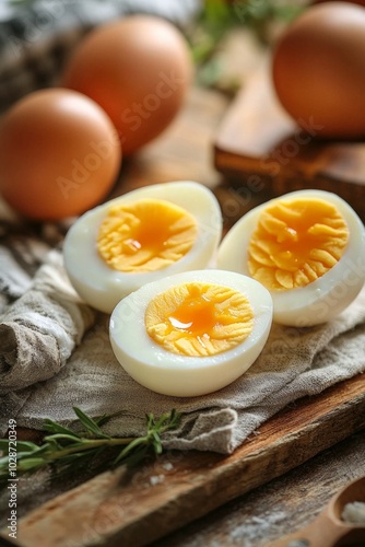 Raw eggs and boiled egg that cut into half on a clean table 