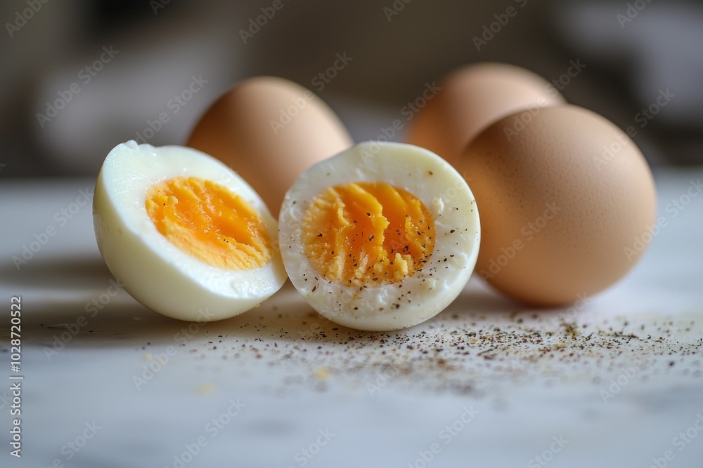 Raw eggs and boiled egg that cut into half on a clean table Raw eggs and boiled egg that cut into half on a clean table