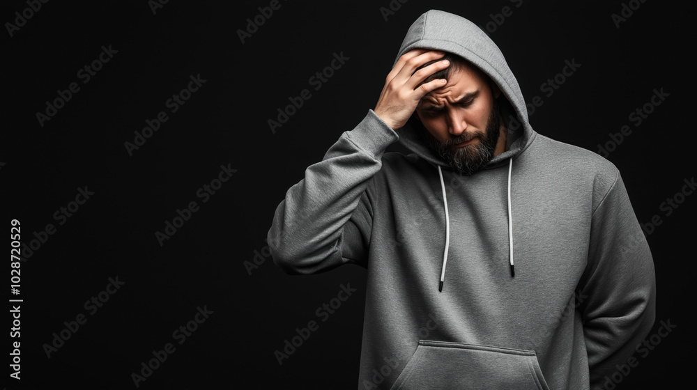 A bearded man wearing a gray hoodie holding his head with a distressed expression against a dark background. A bearded man wearing a gray hoodie holding his head with a distressed expression against a dark background.