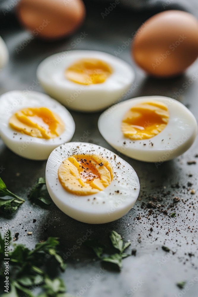 Raw eggs and boiled egg that cut into half on a clean table Raw eggs and boiled egg that cut into half on a clean table