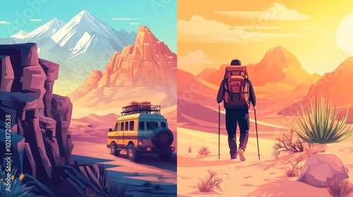 Adventure travel vector illustrations, depicting activities like mountain trekking, desert adventures, and safari tours photo