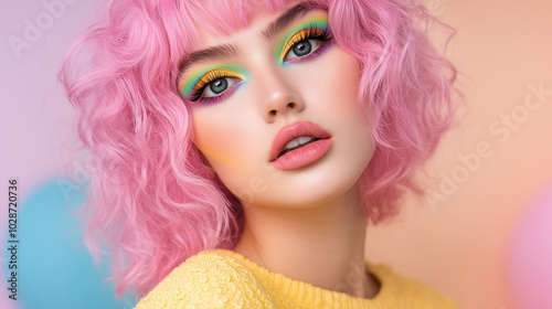 A close-up of a non-binary person with bold, bright pink hair styled in curls, adorned with rainbow makeup, set against a backdrop of soft pastel colors symbolizing pride and diver