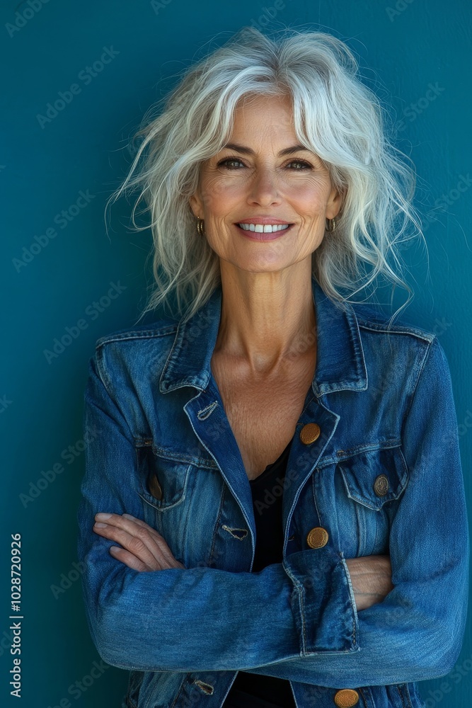 Confident senior woman with a youthful smile standing in denim outfit on cheerful blue background, Generative AI
