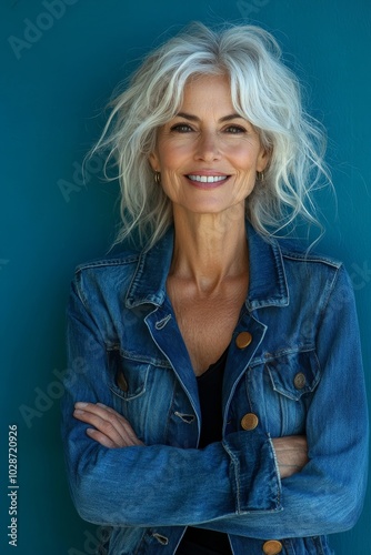 Obraz na płótnie Confident senior woman with a youthful smile standing in denim outfit on cheerful blue background, Generative AI w salonie