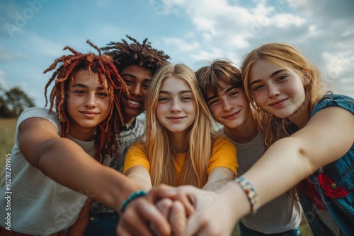 Diverse teenagers putting their hands together in unity, Generative AI