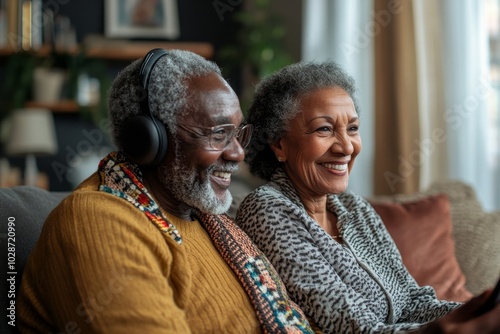 Happy senior couple having a video call at home, Generative AI