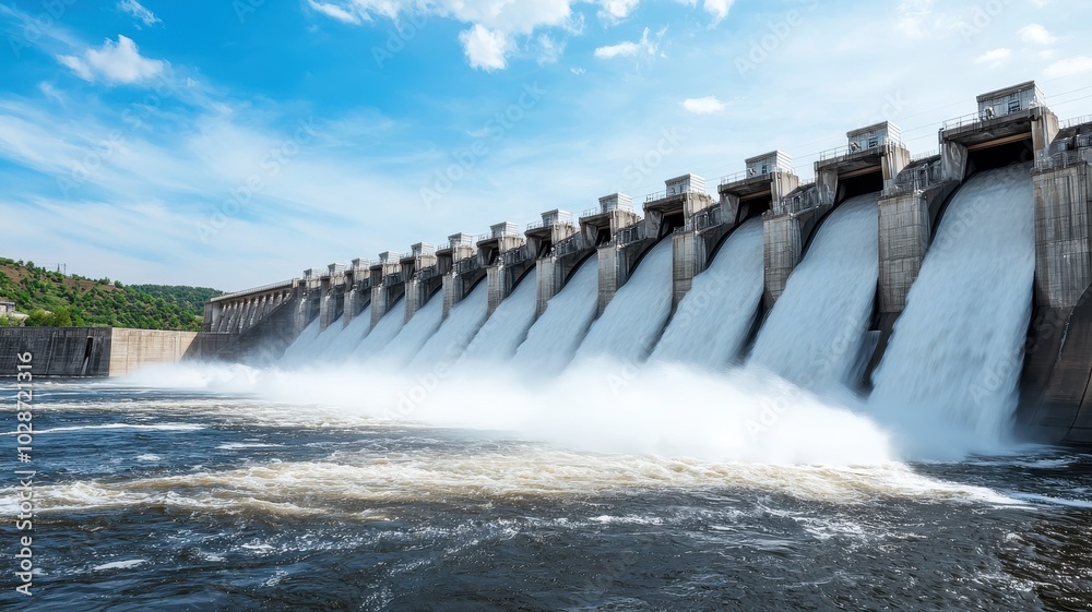 A modern dam releasing water into a river under a clear blue sky, surrounded by greenery, showcasing the power of hydropower. A modern dam releasing water into a river under a clear blue sky, surrounded by greenery, showcasing the power of hydropower.