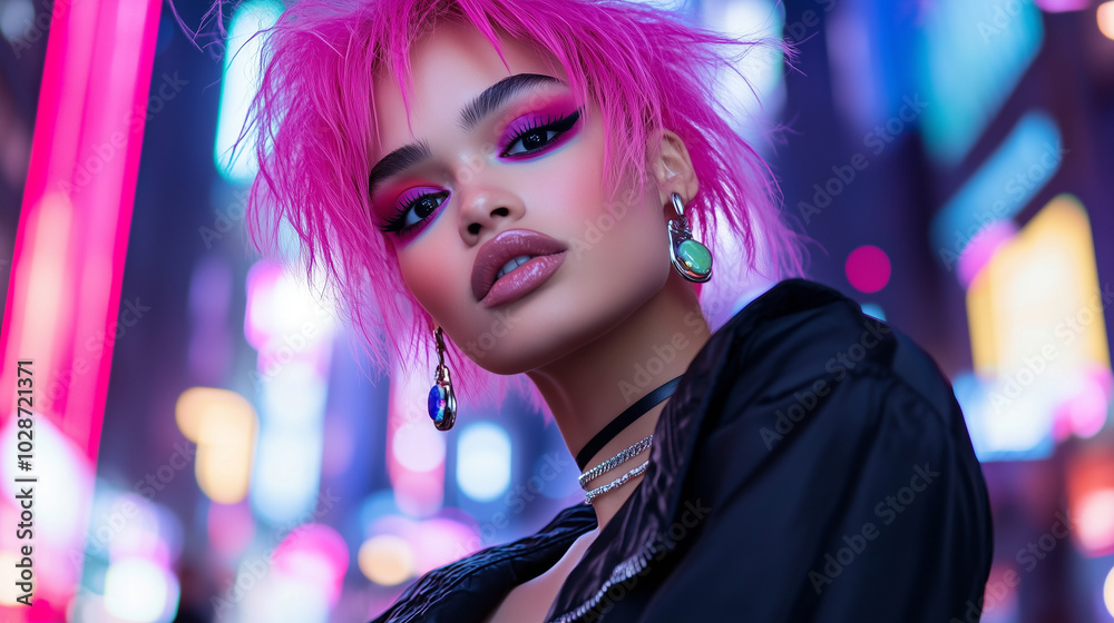 A non-binary person with spiky bright pink hair, wearing bold makeup with rainbow accents, standing against a neon-lit cityscape that celebrates pride, diversity, and individuality A non-binary person with spiky bright pink hair, wearing bold makeup with rainbow accents, standing against a neon-lit cityscape that celebrates pride, diversity, and individuality