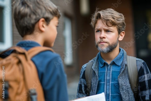 School teacher motivating a troubled school kid outside class, Generative AI photo