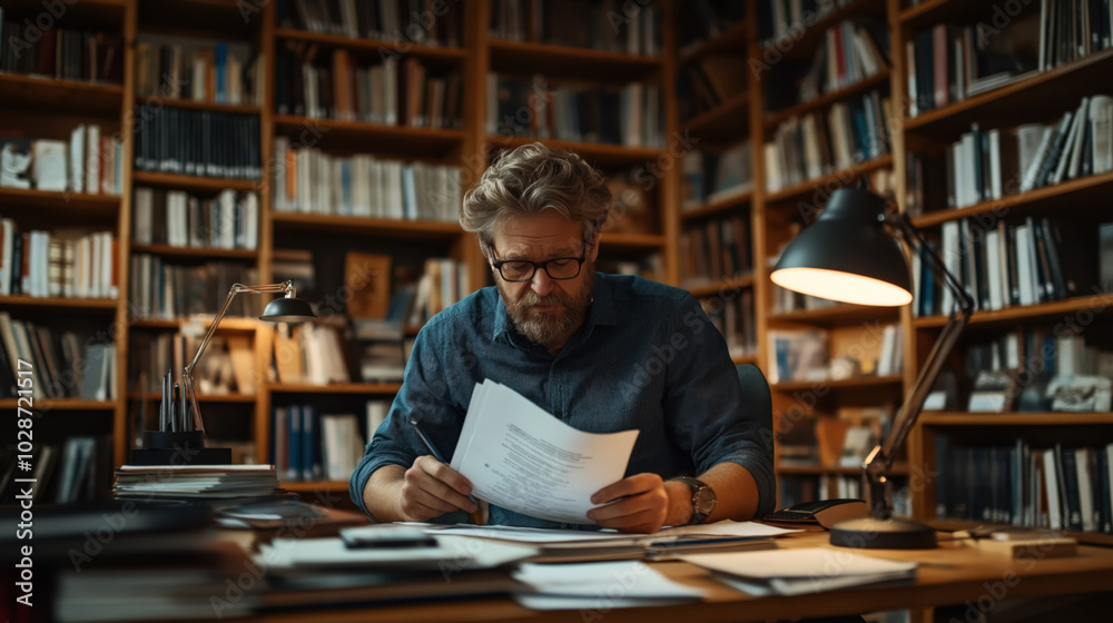 Middle-aged man with glasses and a beard reading documents at a desk in a book-filled library or study room, with warm lighting and shelves of various books in the background. Middle-aged man with glasses and a beard reading documents at a desk in a book-filled library or study room, with warm lighting and shelves of various books in the background.