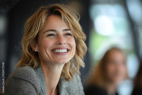 Happy businesswoman laughing while leading a meeting, Generative AI