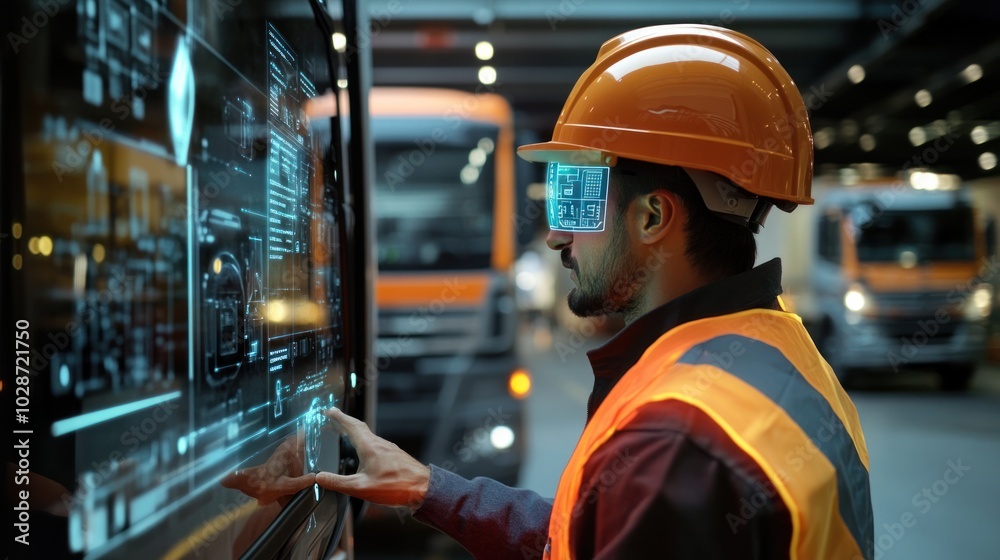 AR-assisted package delivery process, driver using augmented reality interface for route optimization, high-tech logistics vehicle