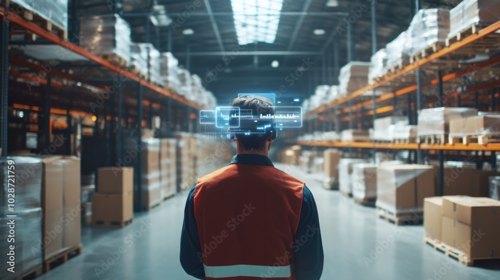 AR-assisted package picking in an advanced warehouse, efficient logistics management, virtual displays guiding the process AR-assisted package picking in an advanced warehouse, efficient logistics management, virtual displays guiding the process