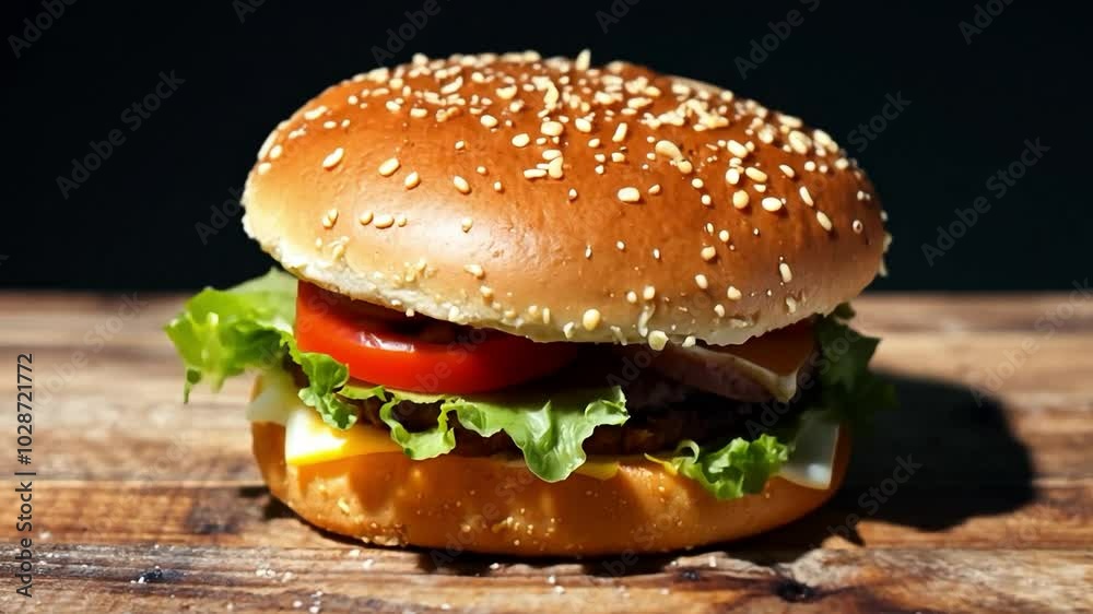A tasty cheeseburger with salad and cheese served on a wooden board. A tasty cheeseburger with salad and cheese served on a wooden board.